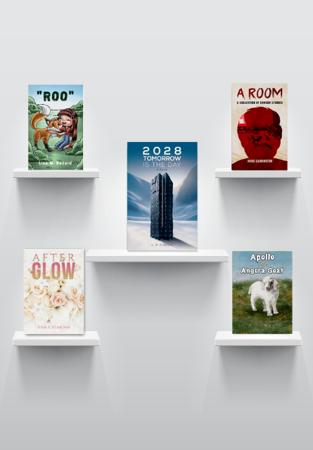 Image shows a white wall, with five shelves, that each hold a book. There are two shelves to the left, one shelf in the middle, and two shelves to the right.
